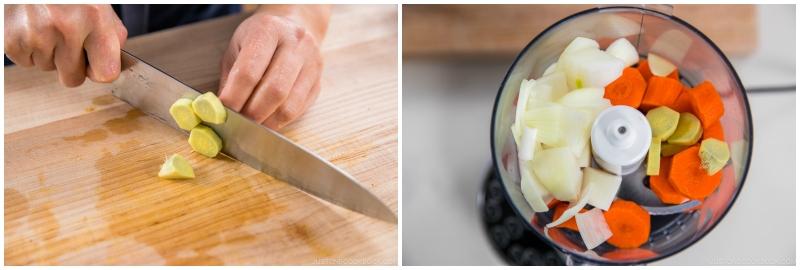 An instructional image of a The Real Food Academy chef chopping ginger and putting veggies into a blender for a salad with carrot ginger dressing recipe.